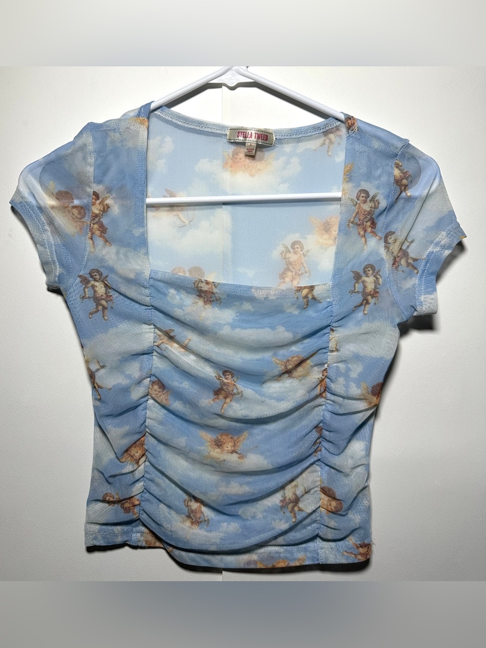 Stella Tweed Sky Blue Cherub Ruched Short Sleeve Crop Top